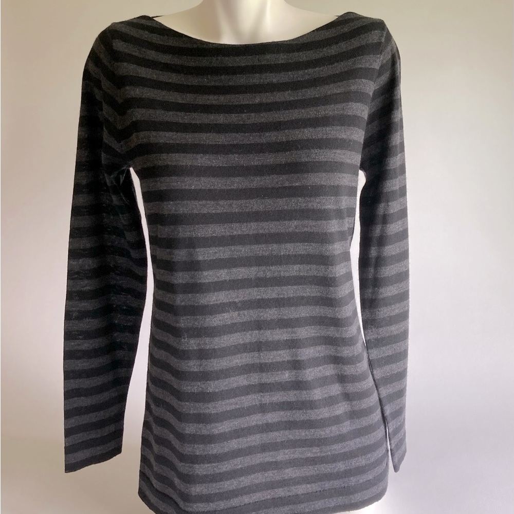 Eileen Fisher Grey Black Strip 100% Wool Long Sleeve Pullover size S/P